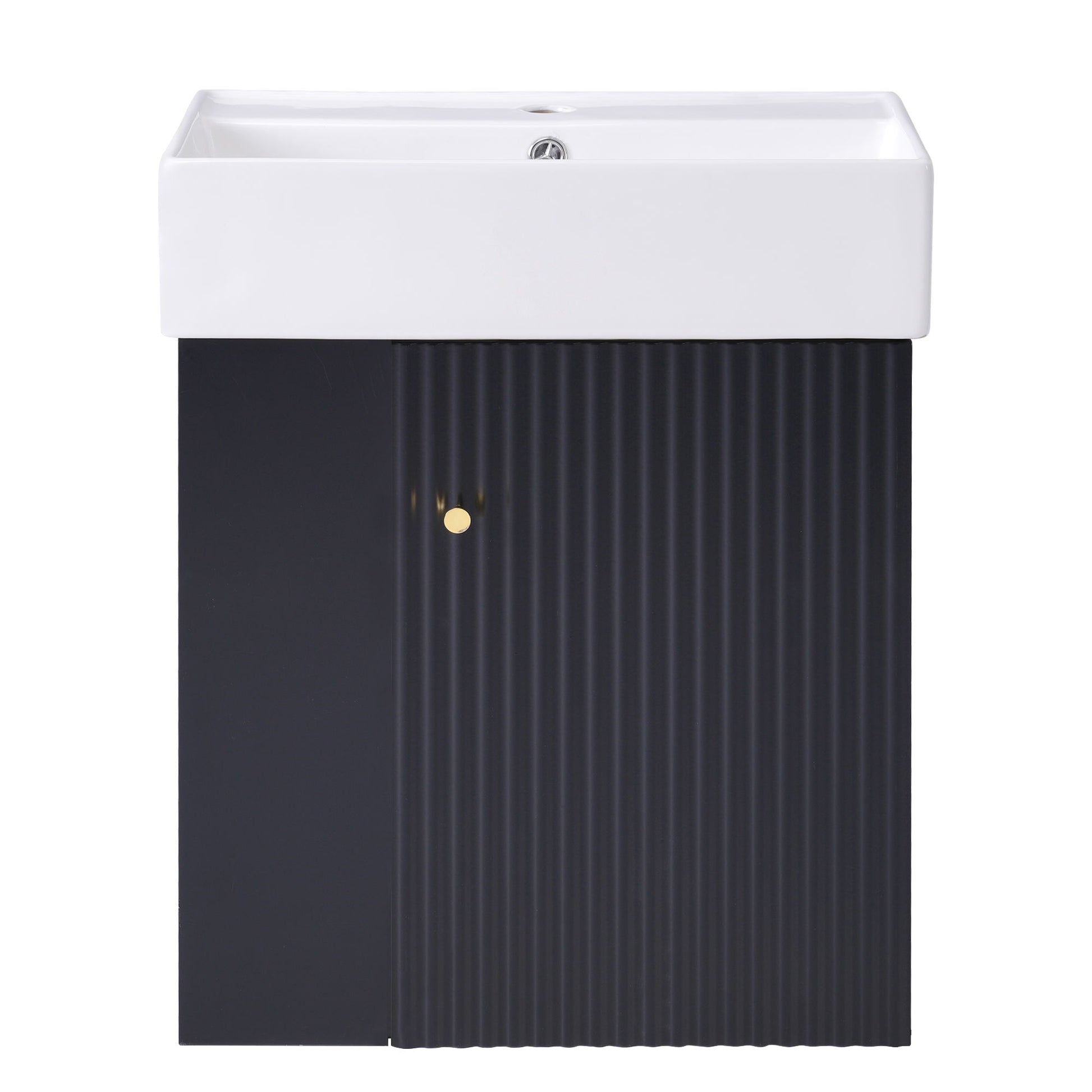 The Modern Floating Bathroom Vanity With Ceramic Basin features a white rectangular sink atop a black grooved cabinet with a small round gold-colored knob, perfect for small bathrooms.