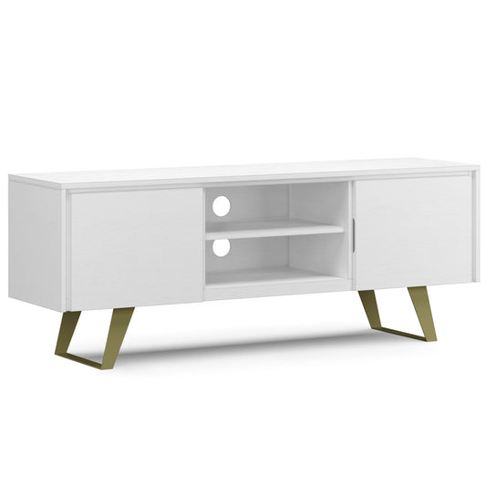 The Lowry Handcrafted TV Media Stand features a modern white finish, two closed side cabinets, open central shelves with cable management, and angled gold metal legs.
