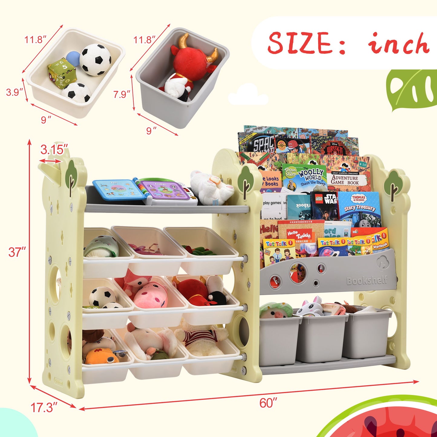 The Kids Bookshelf Toy Storage Organizer features 17 bins and 5 bookshelves for organizing stuffed animals, toys, and books. This multi-functional nursery set includes a measuring chart and marked item dimensions, with bins and shelves made of HDPE.