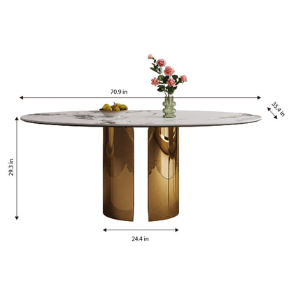Oval Dining Table With Stainless Steel Base, Sturdy And Stable Design For Kitchen, Dining Room - Brown / White