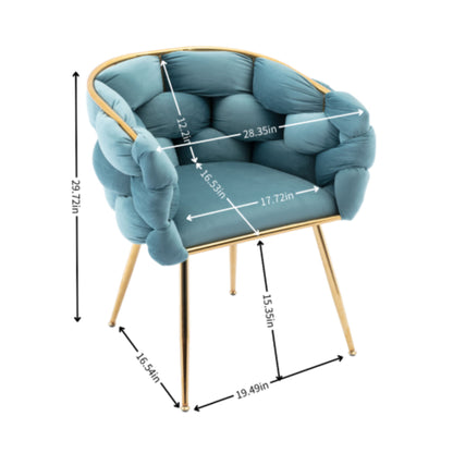 The Luxury Modern Simple Leisure Velvet Single Sofa Chair features blue upholstery, gold legs, and dimensions: 29.72" H, 16.54" D, 28.35" W, seat depth 17.72", seat height 15.35", and front leg span of 19.49".