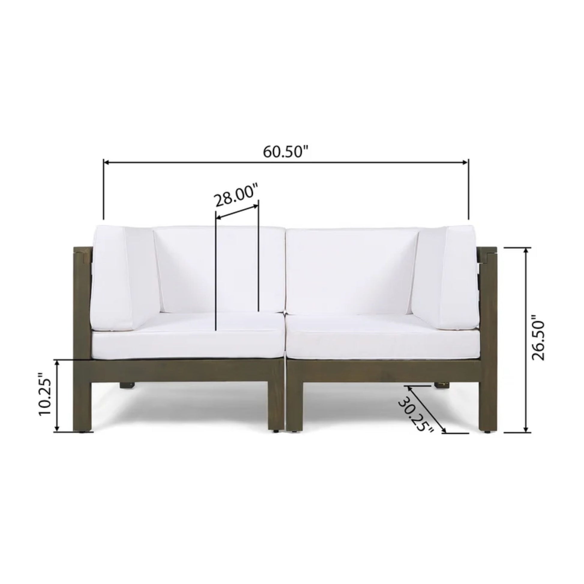 Oana 2 Piece Loveseat Set features water-resistant white cushions and a dark wood frame. Dimensions: width 60.5”, depth 30.25”, seat height 10.25”, back height 26.5”, seat depth 28”. Ideal for outdoor use.