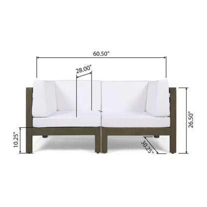 Oana 2 Piece Loveseat Set features water-resistant white cushions and a dark wood frame. Dimensions: width 60.5”, depth 30.25”, seat height 10.25”, back height 26.5”, seat depth 28”. Ideal for outdoor use.
