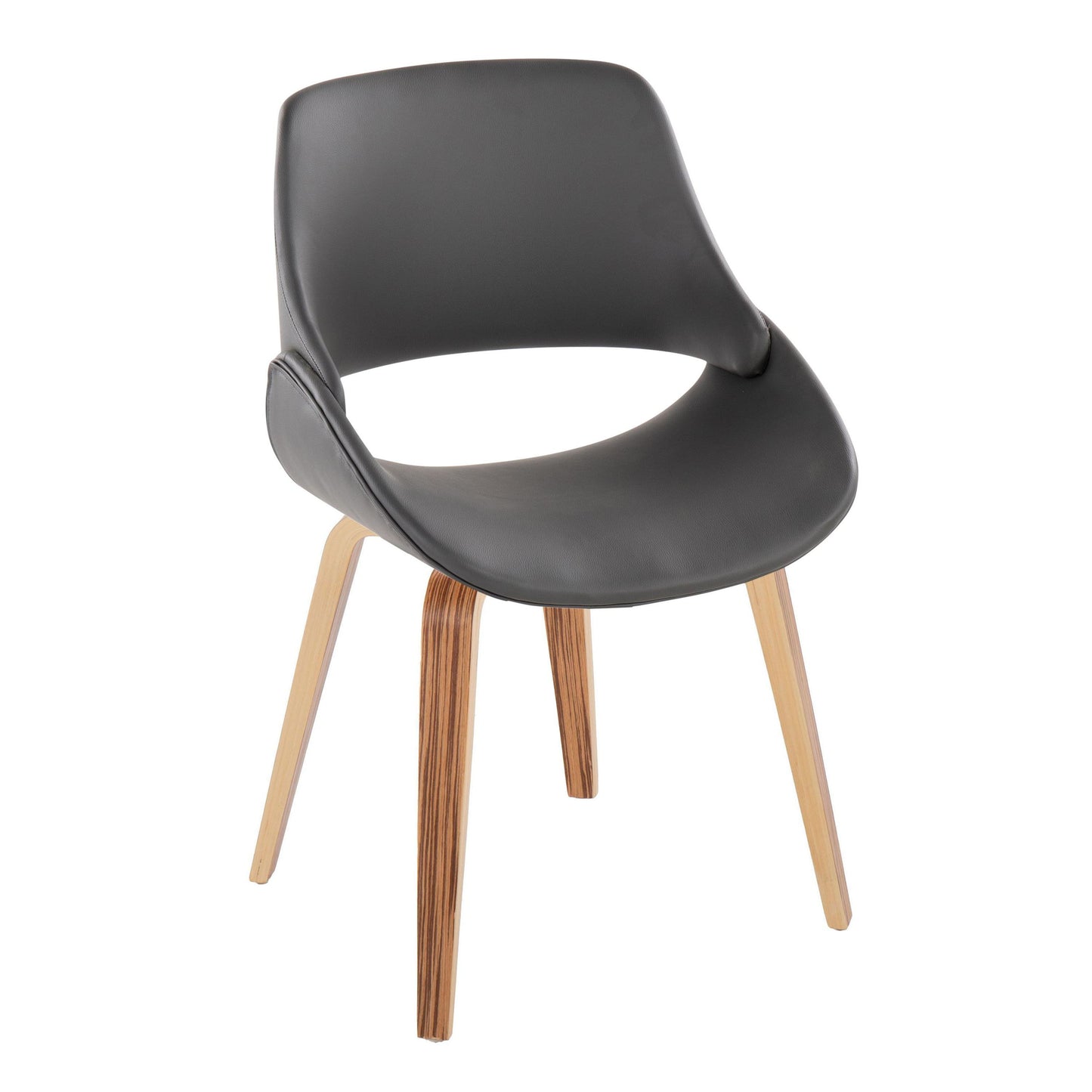 The Fabrico Mid Century Modern Dining Chair set features curved black seats and backs with open lower back details, complemented by four angled light wood legs. Set includes 2 chairs.