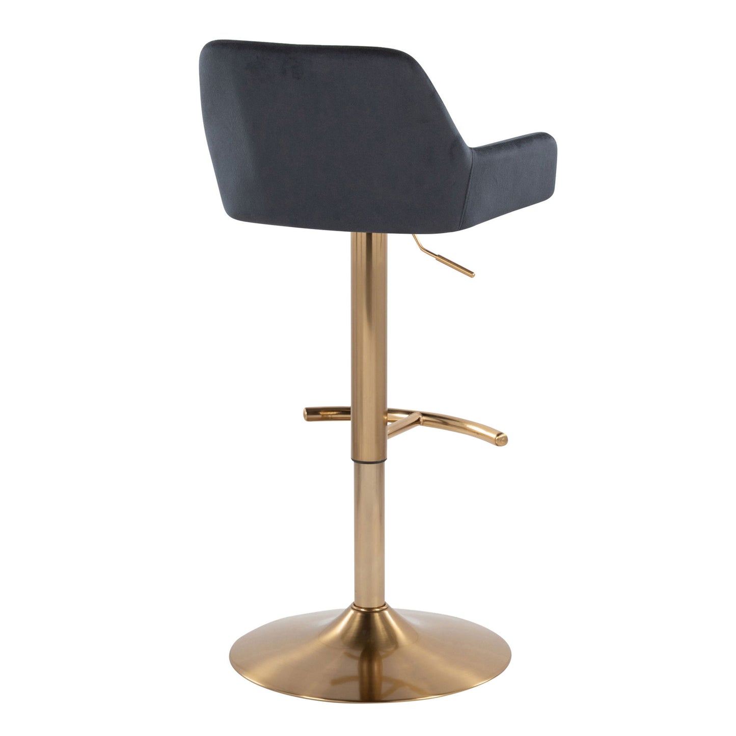The Daniella Contemporary Adjustable Barstool set features a dark cushioned seat and backrest, gold metal pedestal base, rounded T footrest, and height adjustment lever, shown from the back on a white background. Set of 2.