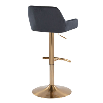 The Daniella Contemporary Adjustable Barstool set features a dark cushioned seat and backrest, gold metal pedestal base, rounded T footrest, and height adjustment lever, shown from the back on a white background. Set of 2.