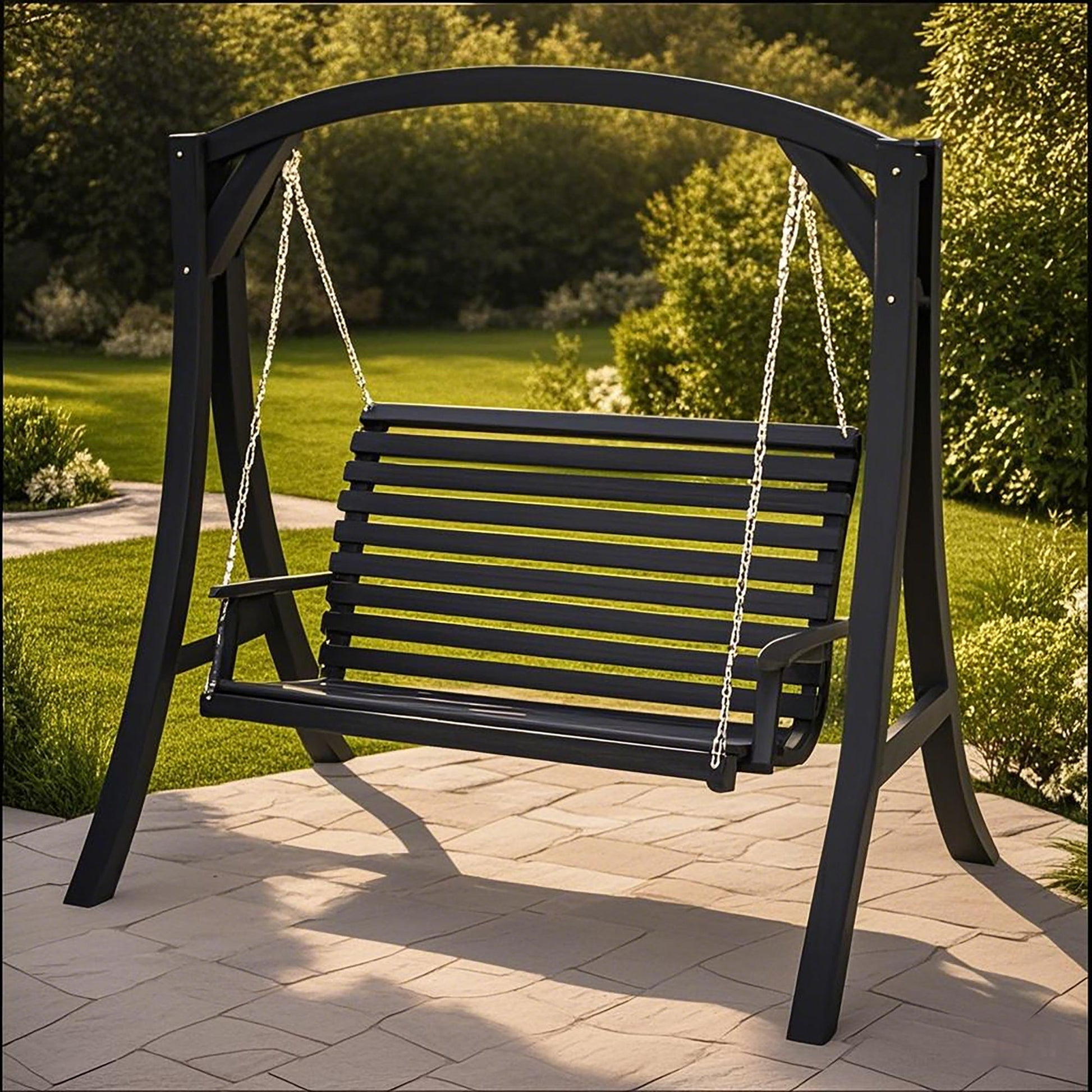 The San Juan Outdoor Swinging Loveseat With Support, made of black wood and metal chains, hangs from a sturdy frame on a stone patio, with green grass and trees in the background.