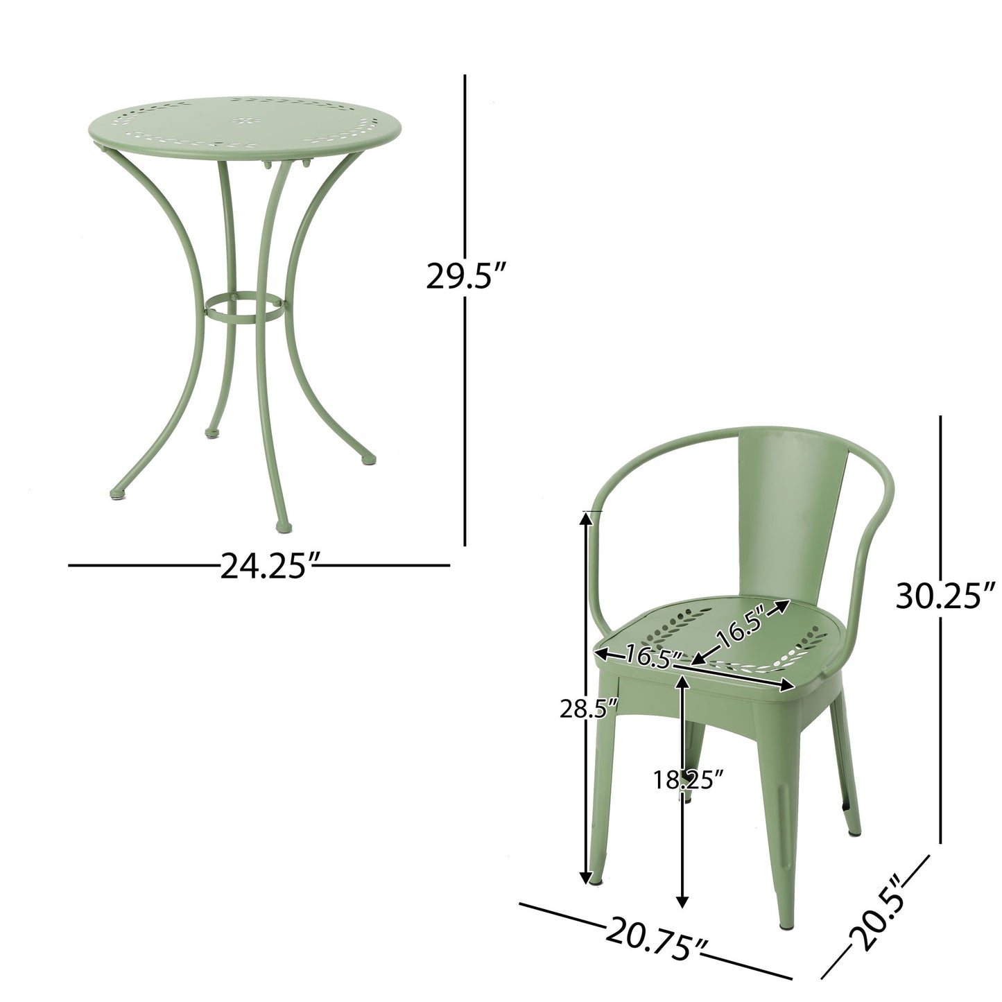 The Ambrosia 3 Piece Bistro Set features a light green metal table (24.25”W x 29.5”H) and chair (20.75”W x 30.25”H, seat: 16.5”W x 18.25”D, seat height: 18.5”, back height: 28.5”) with leaf motifs on the top and seat, plus black measurement lines.