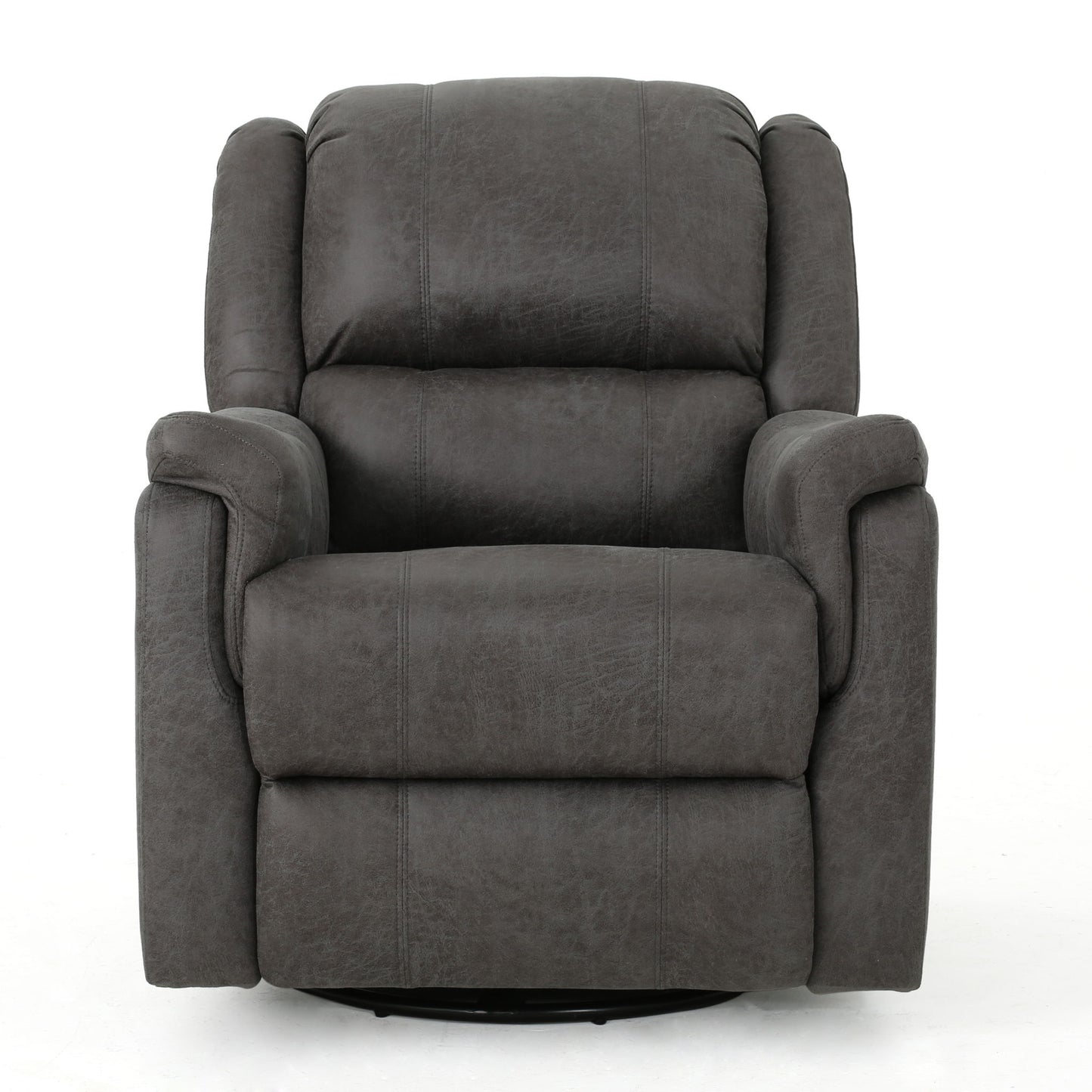The Contemporary Glider Recliner With Swivel Function is a plush, dark gray chair featuring padded armrests and a cushioned backrest, displayed facing forward against a white background.