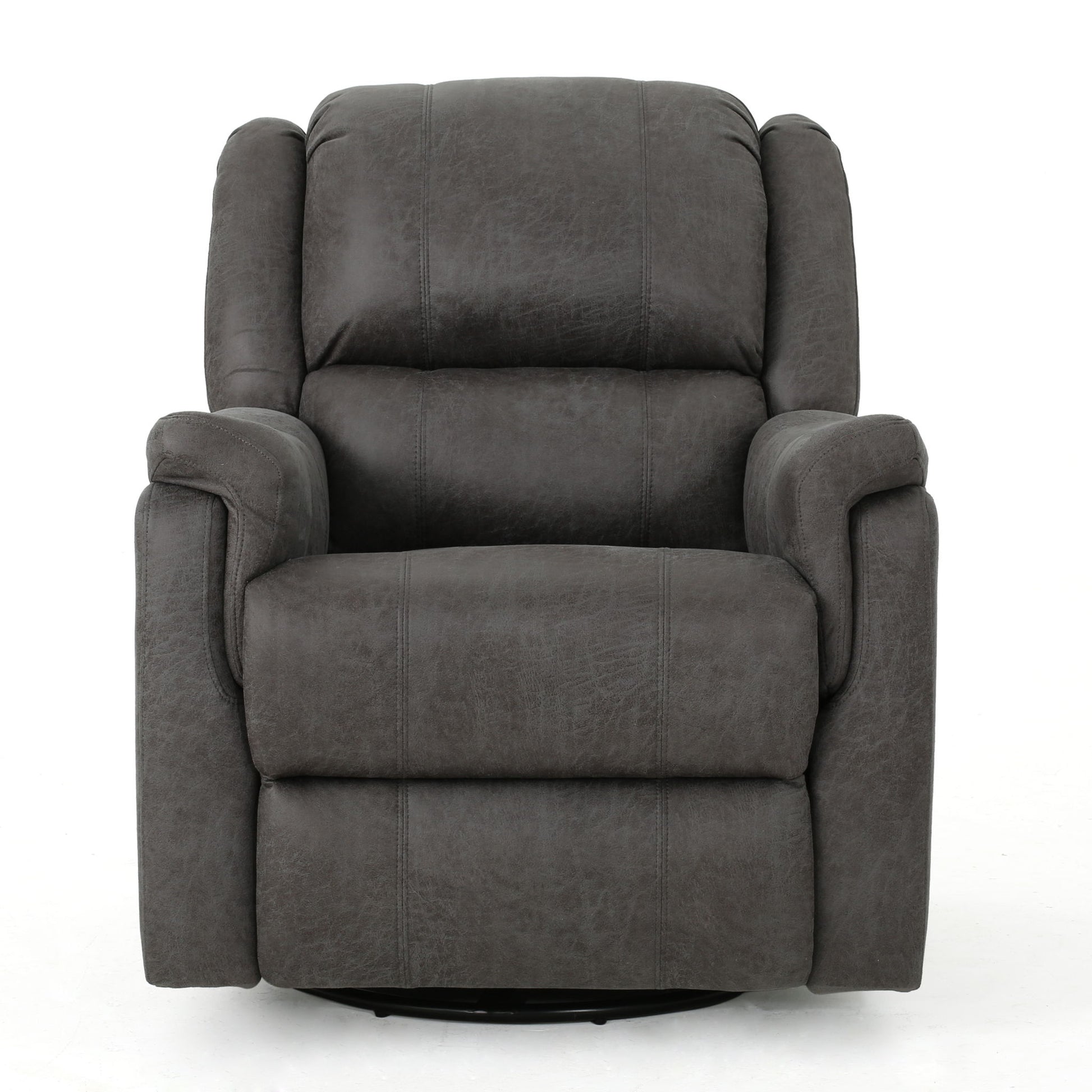 The Contemporary Glider Recliner With Swivel Function is a plush, dark gray chair featuring padded armrests and a cushioned backrest, displayed facing forward against a white background.