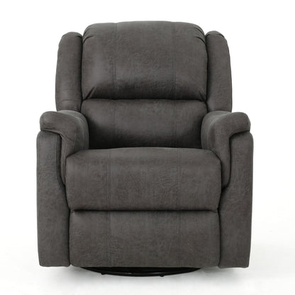 The Contemporary Glider Recliner With Swivel Function is a plush, dark gray chair featuring padded armrests and a cushioned backrest, displayed facing forward against a white background.