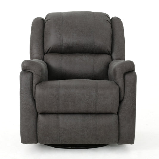 The Contemporary Glider Recliner With Swivel Function is a plush, dark gray chair featuring padded armrests and a cushioned backrest, displayed facing forward against a white background.