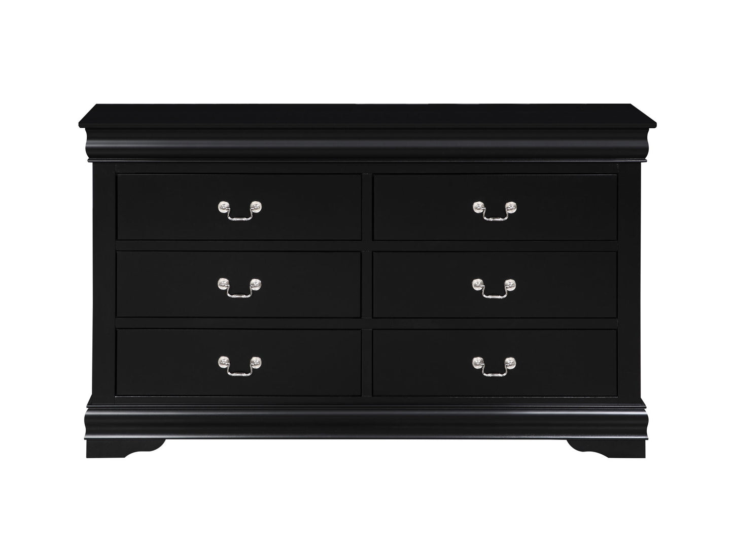 The Louis Philippe Bedroom Dresser features a sleek black finish, six drawers in two rows of three with silver metal handles, and stands on small curved legs, blending classic style with modern elegance.