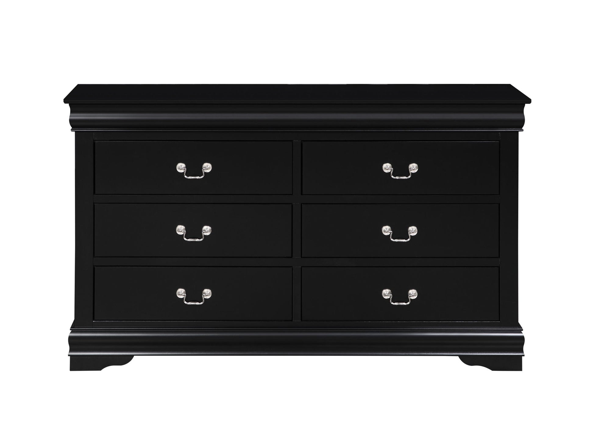 The Louis Philippe Bedroom Dresser features a sleek black finish, six drawers in two rows of three with silver metal handles, and stands on small curved legs, blending classic style with modern elegance.