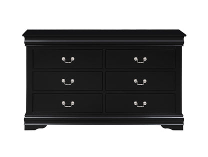 The Louis Philippe Bedroom Dresser features a sleek black finish, six drawers in two rows of three with silver metal handles, and stands on small curved legs, blending classic style with modern elegance.