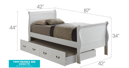 The Elegant Trundle Bed With Timeless Charm is a white sleigh-style twin with two pull-out drawers, measuring 42" wide by 87" long, headboard height 44", footboard 34". Bedding and pillow are included.