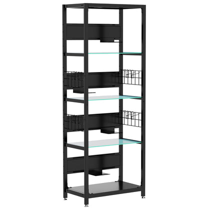 4 Tier Display Shelf With RGB Lights, LED Lighted Curio Cabinet With Adjustable Storage Box & Hooks - Black