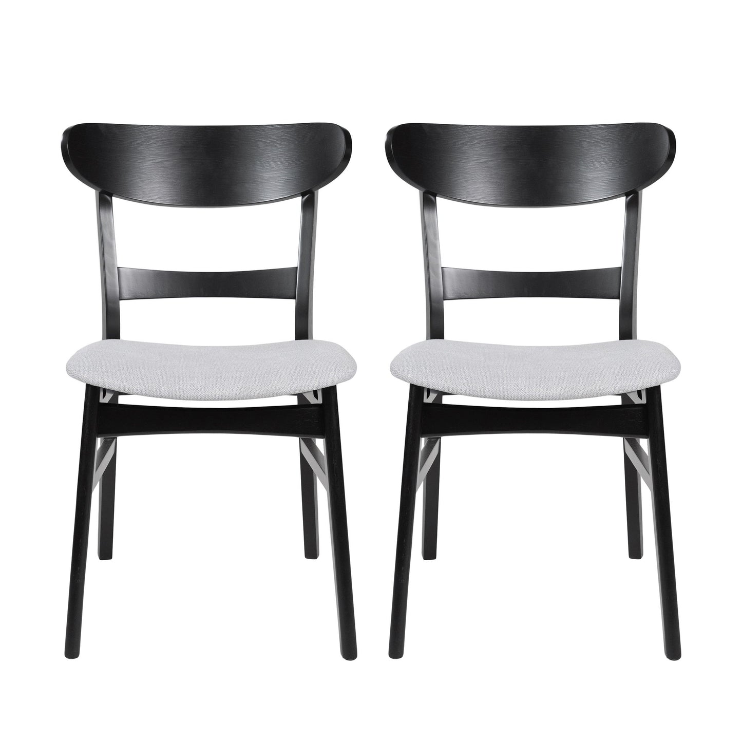A set of two Mid Century Dining Chairs with cushioned light gray seats and black curved wooden backrests, placed side by side against a white background.