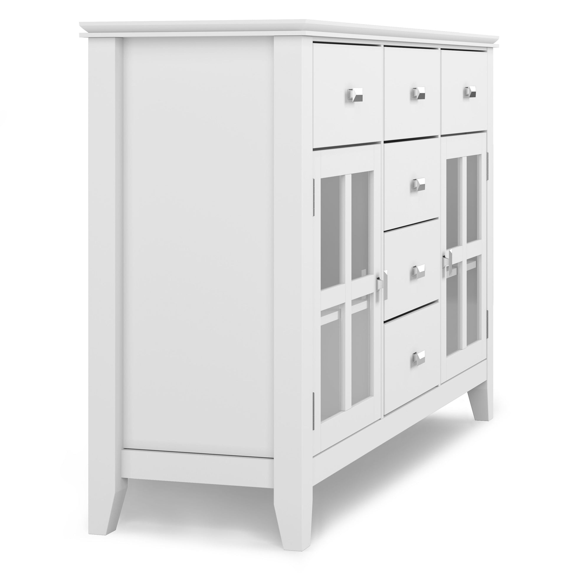The Artisan - Handcrafted Sideboard Buffet features a modern white wooden design, five center drawers, two glass-paneled doors with metal knobs, and straight legs for a clean, stylish look.