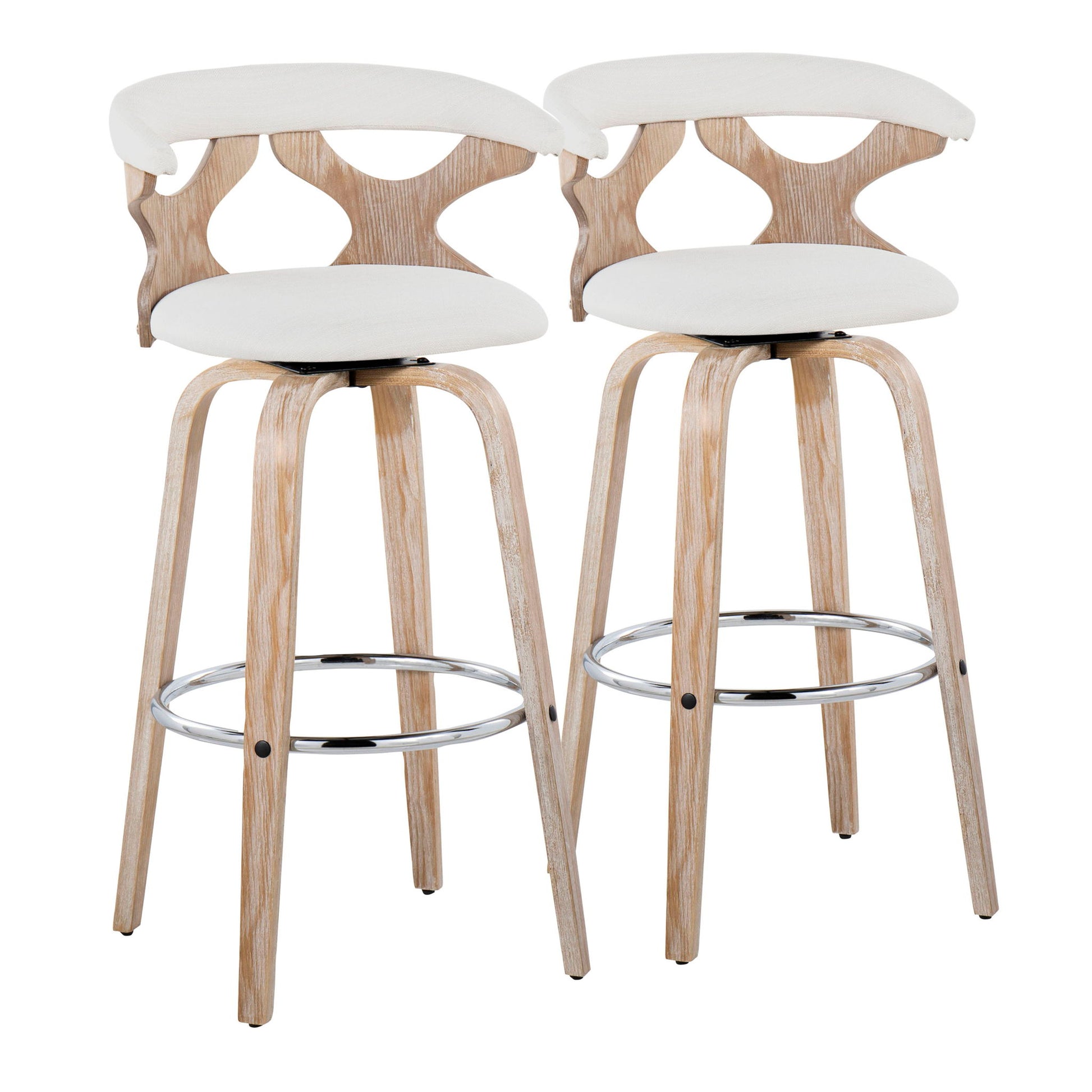 The Gardenia set includes two contemporary, fixed-height barstools with light wood frames, open curved backs, white cushioned seats, four angled legs, and a round chrome footrest. Modern minimalist style with swivel functionality.