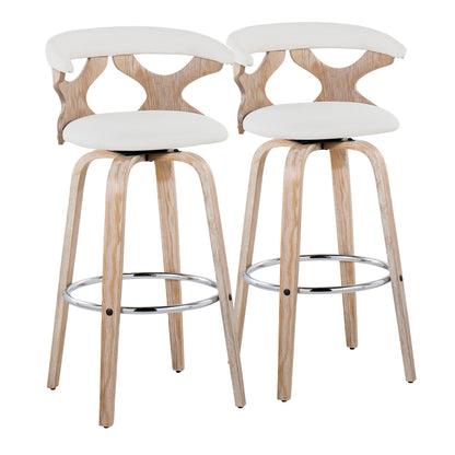 The Gardenia set includes two contemporary, fixed-height barstools with light wood frames, open curved backs, white cushioned seats, four angled legs, and a round chrome footrest. Modern minimalist style with swivel functionality.