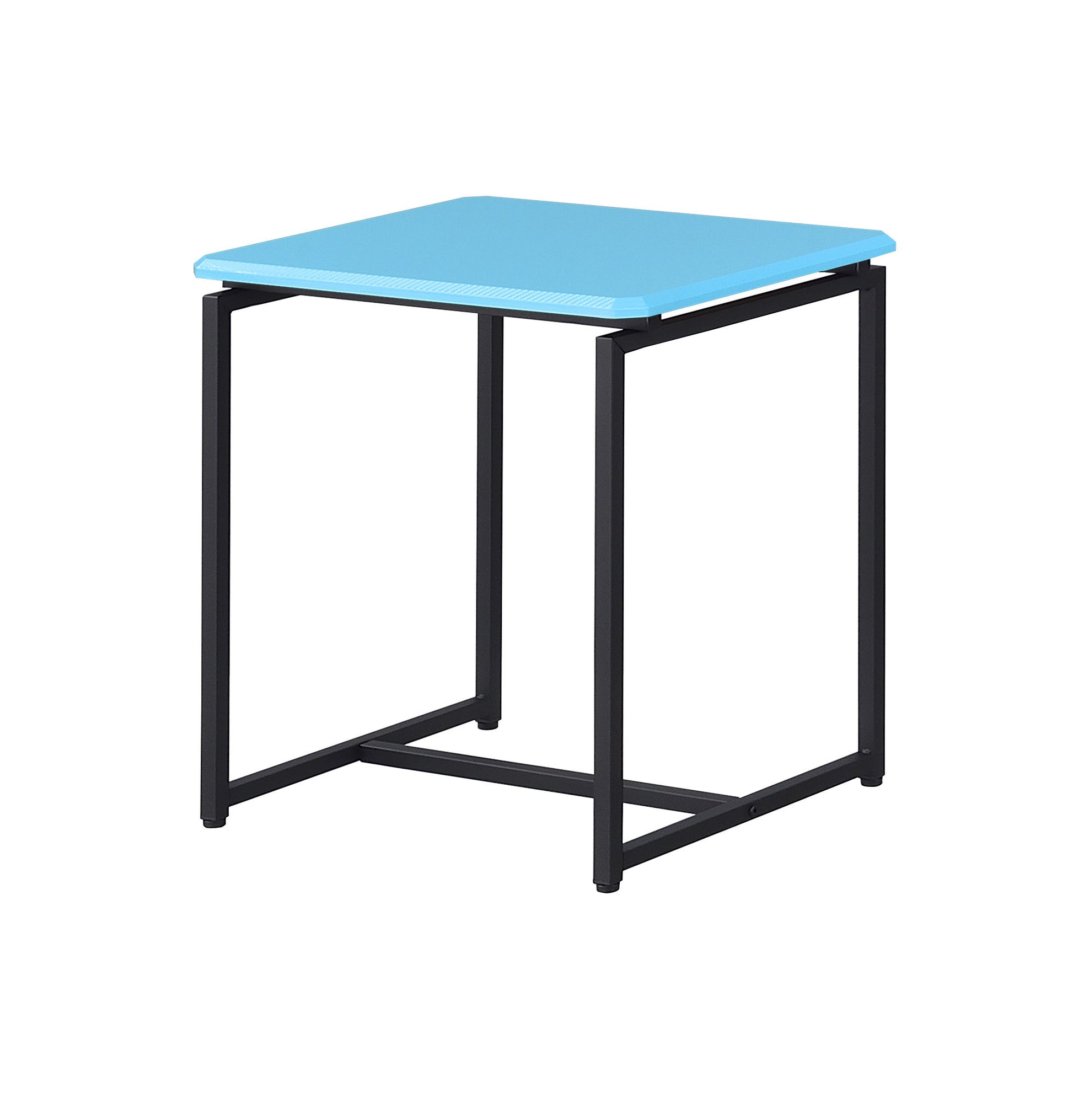 The GT - 3 Piece Carbon Fiber Wrap Coffee Table And End Table set features a modern design with square light blue tabletops and simple black metal frames.
