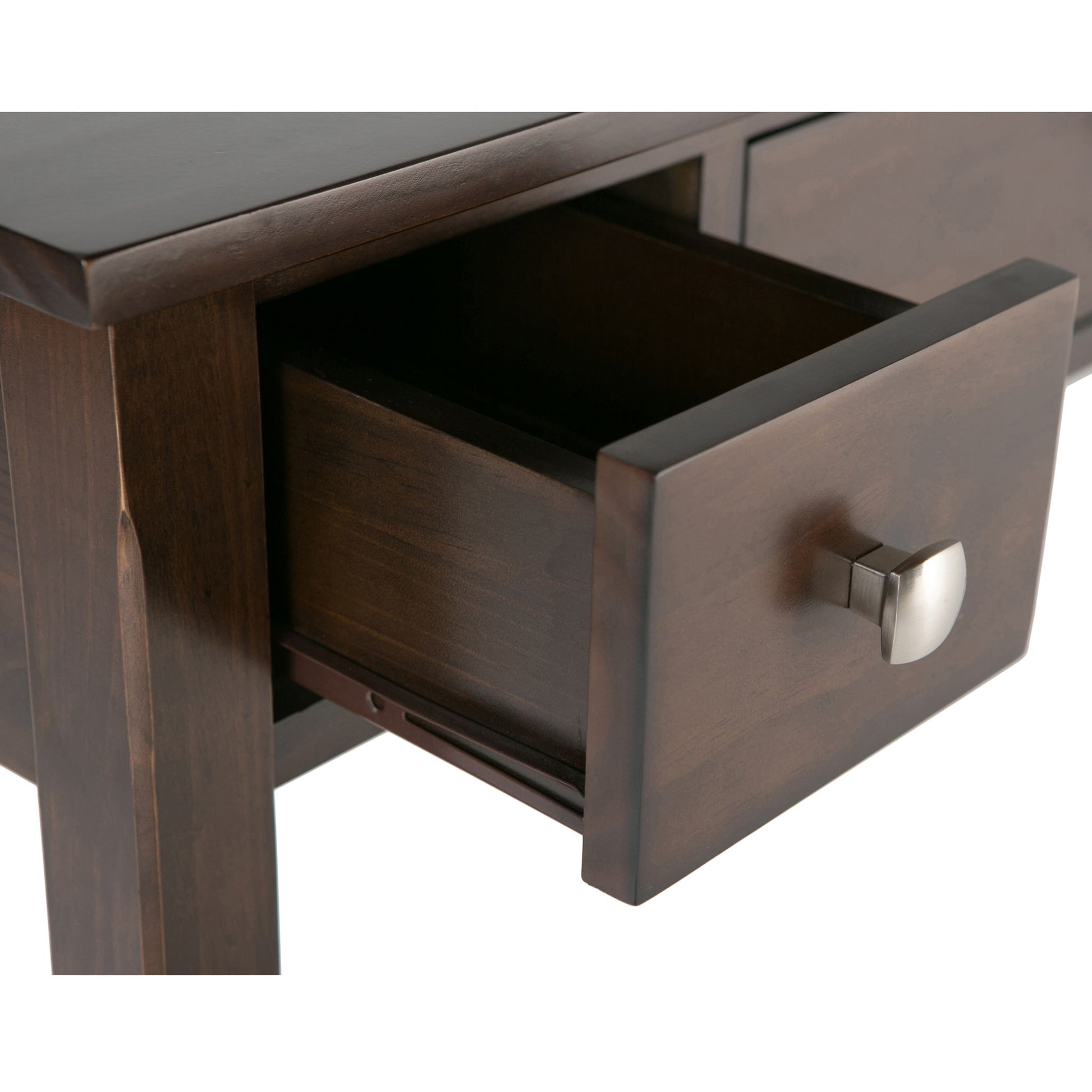 A close-up of the Avalon - Handcrafted Writing Office Desk shows its dark wooden finish and a partially open drawer with a metal knob.