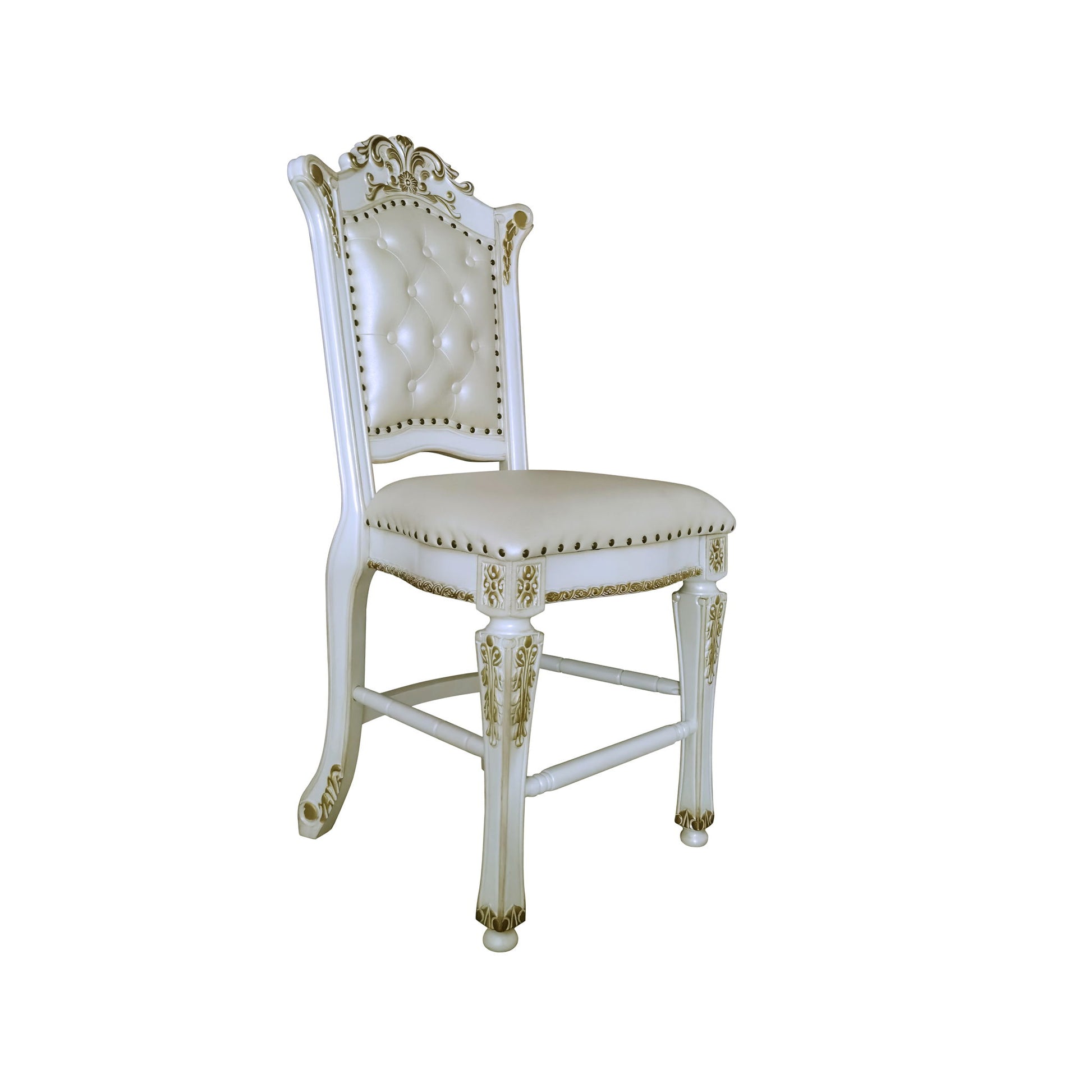 Vendome Antique Counter Height Chair Set of 2 in white features gold accents, a tufted leather backrest, cushioned seat, and ornate carved legs and backrest, shown isolated on a white background.