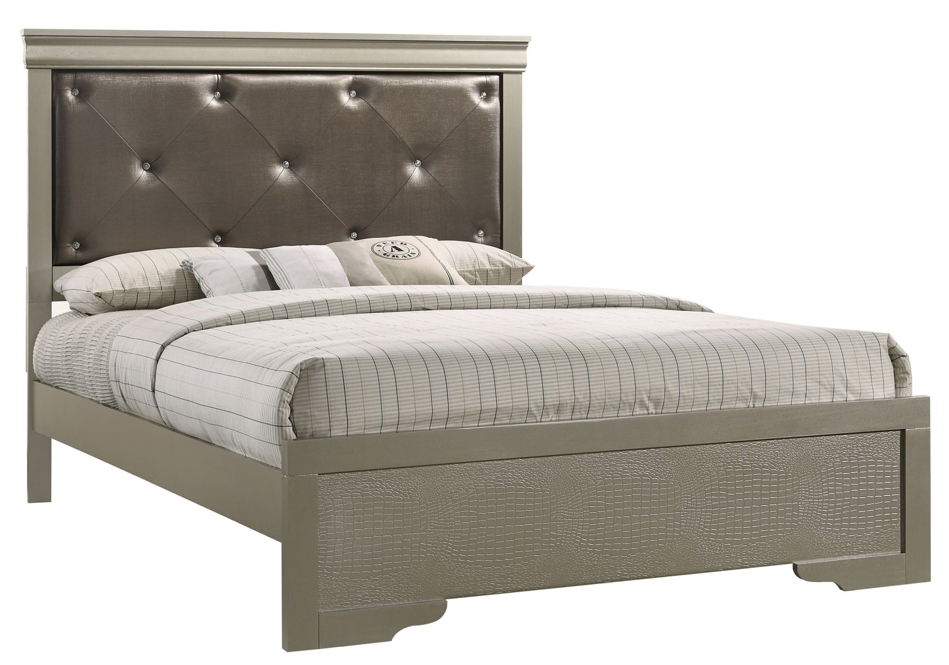 The Chic Elegantly Designed Transitional Bed features a modern padded, tufted headboard with button accents and is styled with striped and plaid neutral-toned bedding.