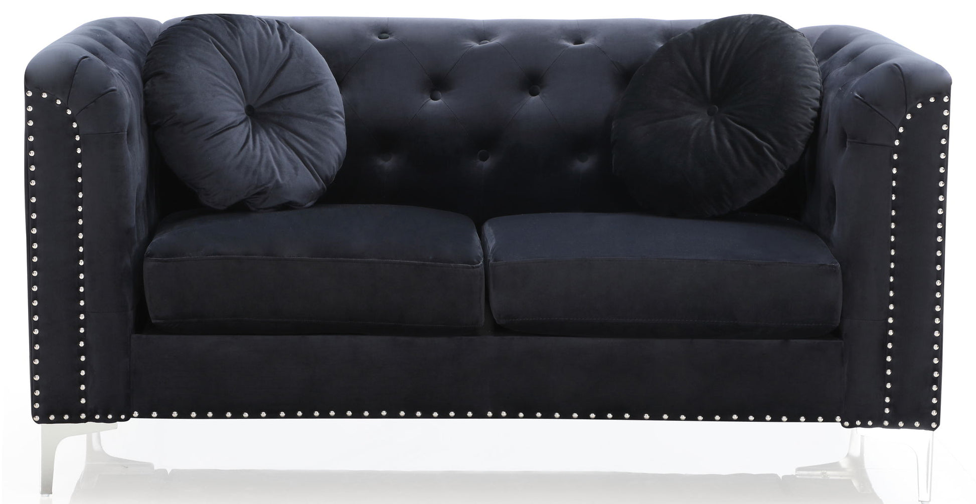The Stylish Sloped Arm Loveseat features black velvet upholstery, silver nailhead trim on the arms and base, two matching round black pillows, and clear acrylic legs.