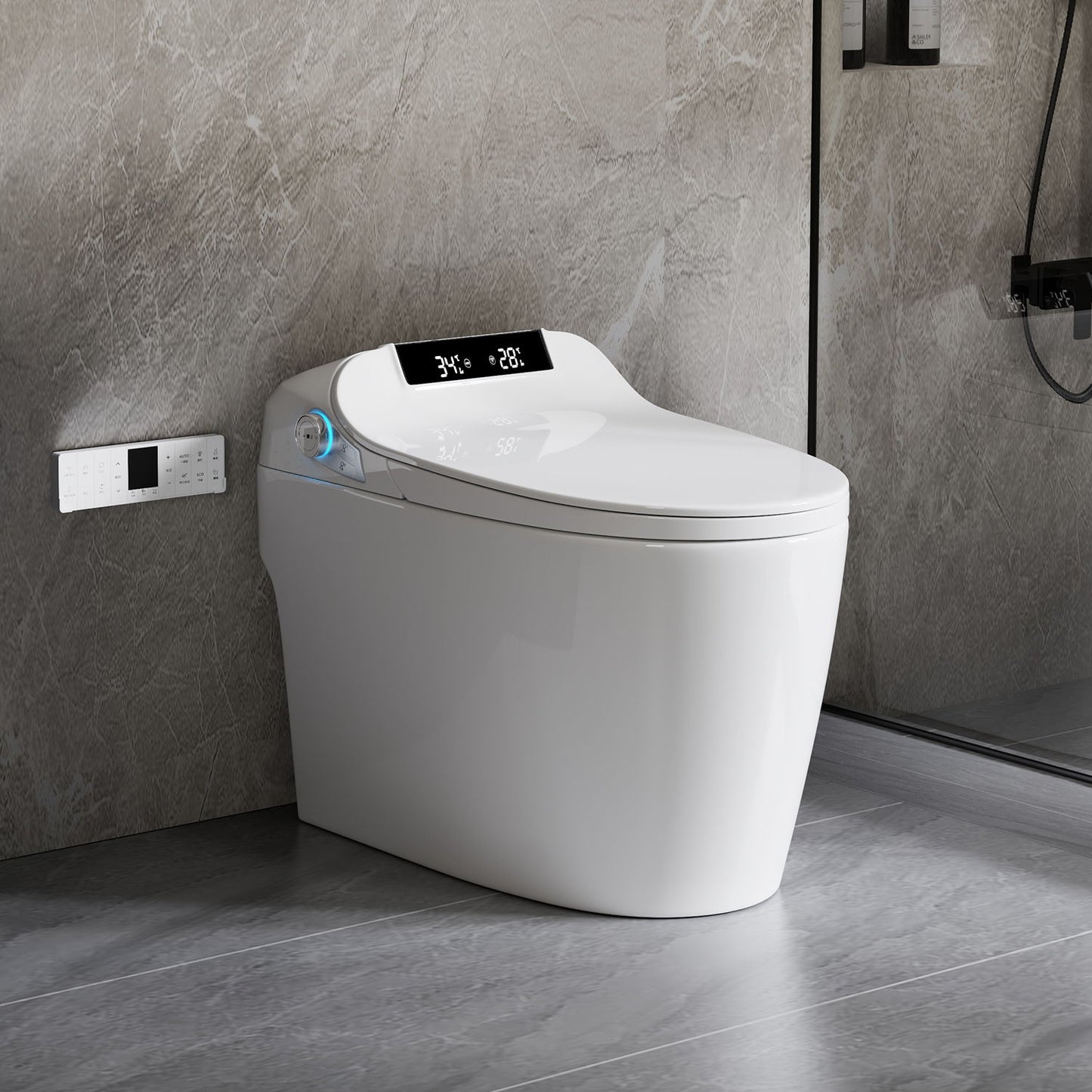 Smart Toilet Bidet Combo With Foot Sensor Open Cover / Seat, Self Cleaning Nozzle, LED Display, Three Level Heated Seat / Airflow, Night Light, Knob Control, Soft Close, Auto Flush, With Remote Control - Gloss White