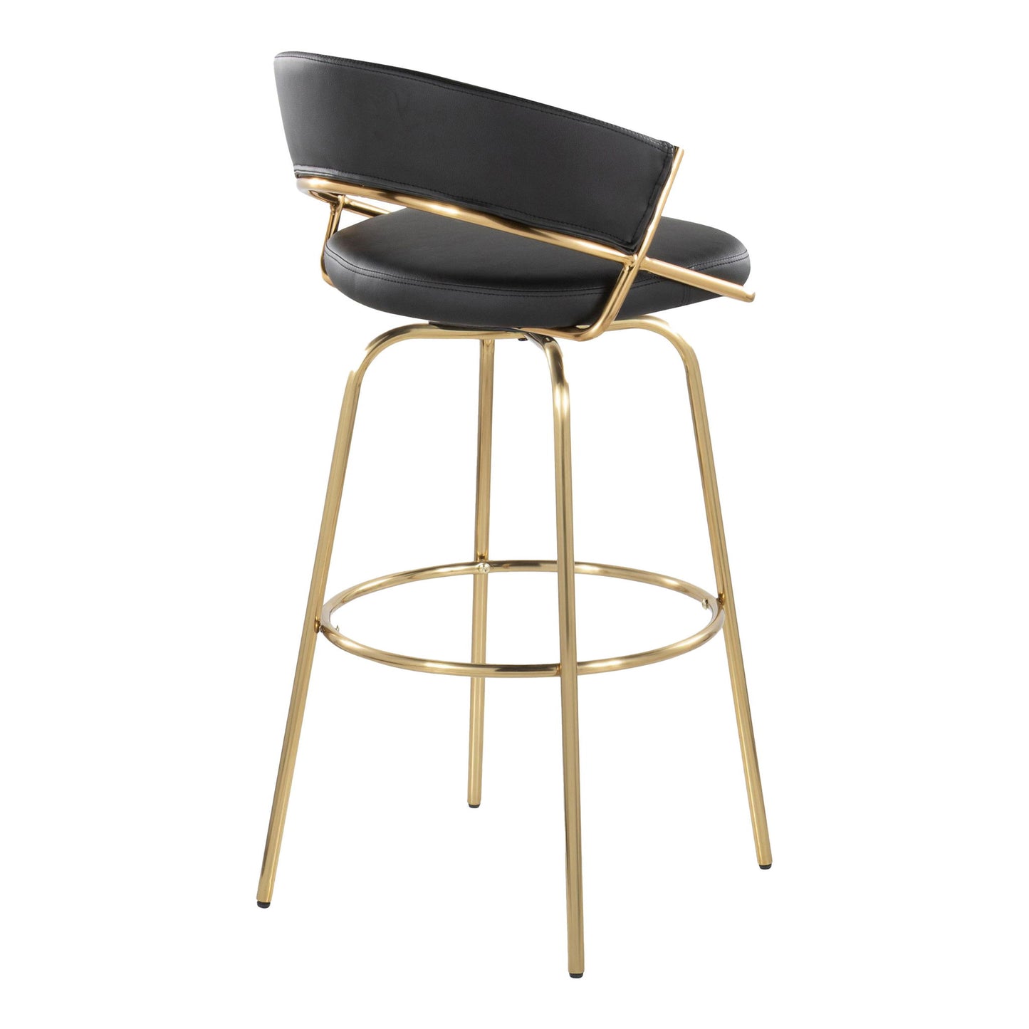The Jie Fixed Height Contemporary Barstool (Set of 2) features a black cushioned seat and curved back with gold accents, supported by sleek gold metal legs and a rounded footrest. Swivel design adds modern flair.