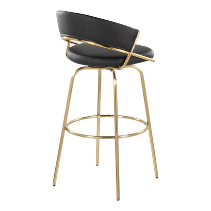 The Jie Fixed Height Contemporary Barstool (Set of 2) features a black cushioned seat and curved back with gold accents, supported by sleek gold metal legs and a rounded footrest. Swivel design adds modern flair.