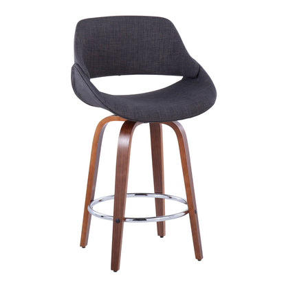 The Fabrico set includes two mid-century modern counter stools, each with a curved dark gray fabric seat, wooden legs, and a round metal footrest.