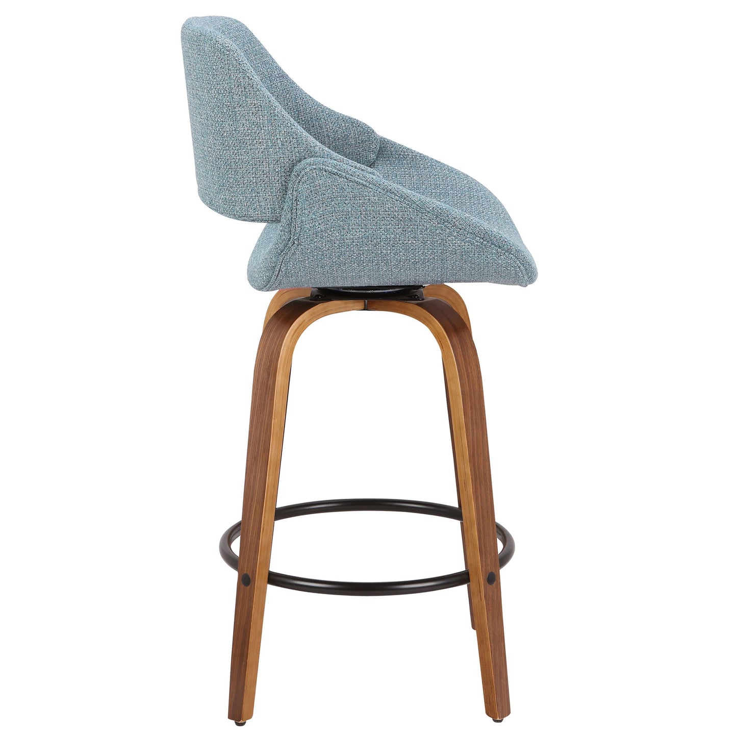 Side view of the Fabrico - Mid Century Inviting Design Modern Counter Stool featuring a curved, light blue upholstered seat and wooden legs joined by a circular black metal footrest.