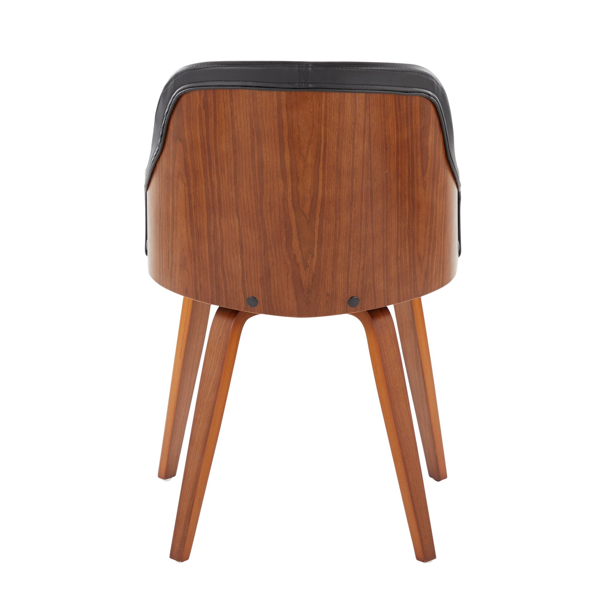 The Bacci - Mid Century Modern Dining Chair features wooden legs, a curved wooden backrest, and a black cushioned trim, shown from the rear against a white background.