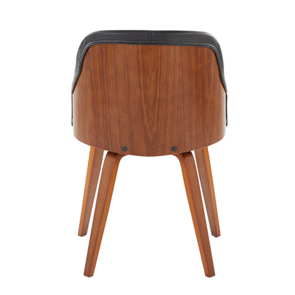 The Bacci - Mid Century Modern Dining Chair features wooden legs, a curved wooden backrest, and a black cushioned trim, shown from the rear against a white background.