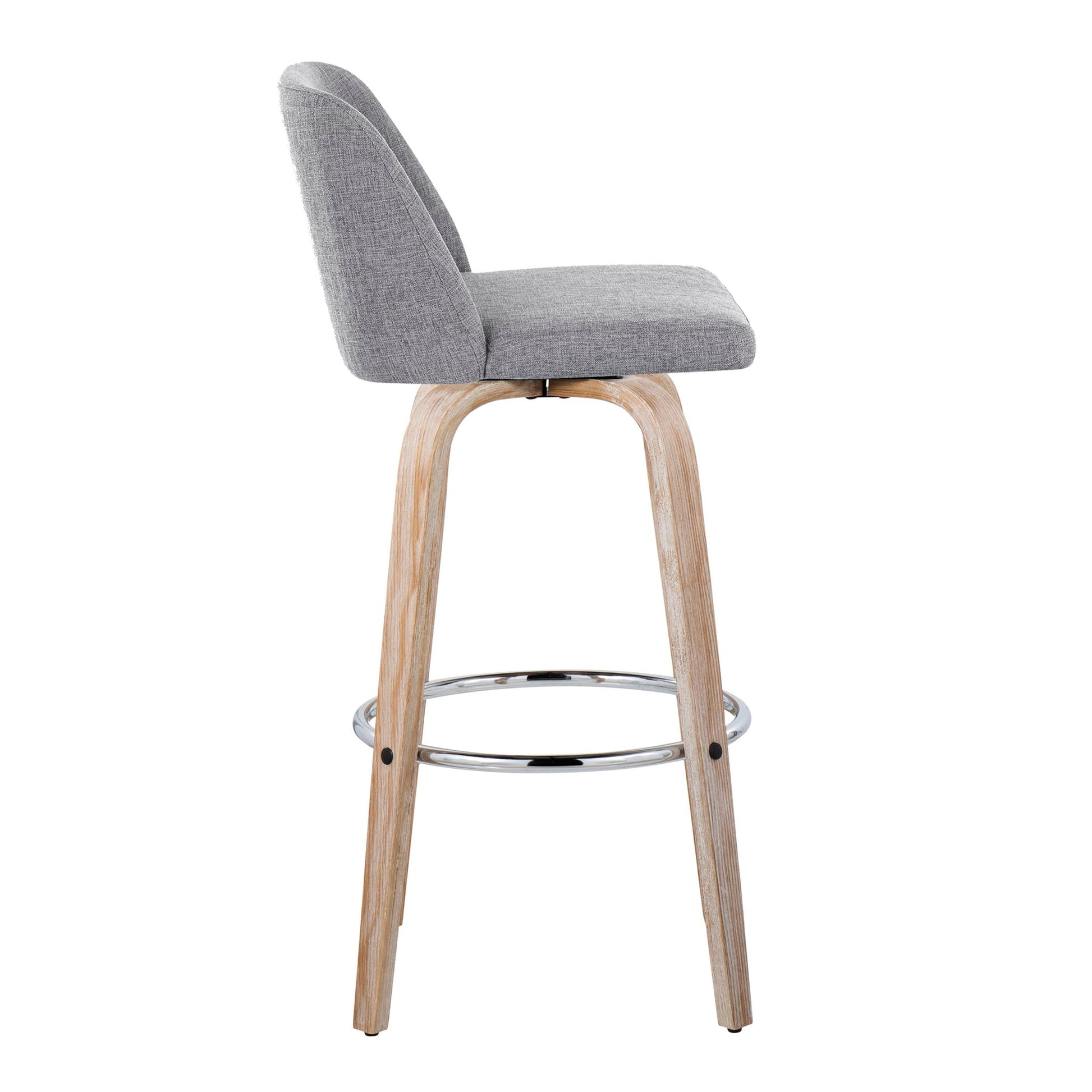 Side view of the Toriano Contemporary Fixed Height Barstool with swivel, light gray upholstered seat and backrest, light wood legs, and a round chrome footrest (Set of 2).