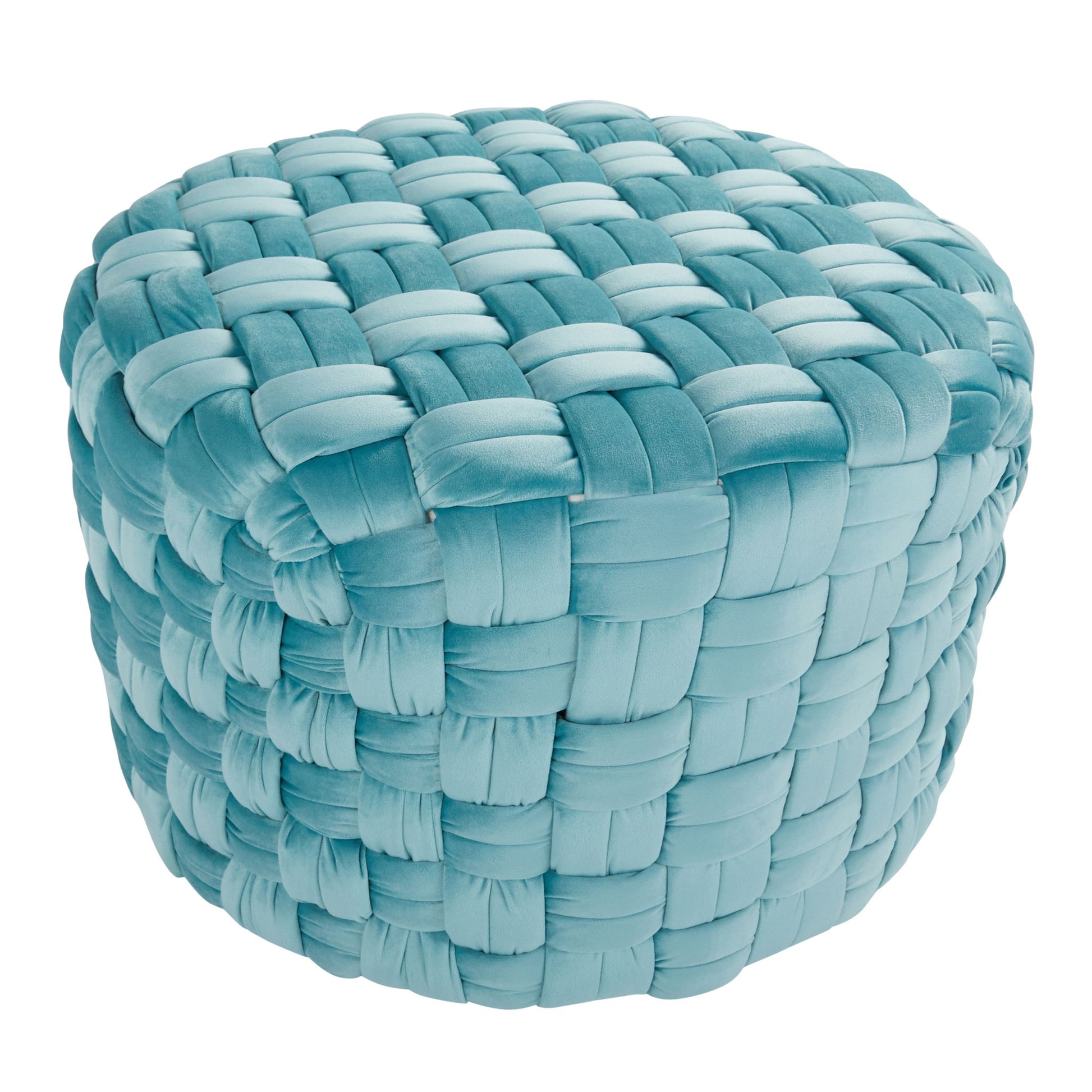 The Braided - Versatile Round Ottoman has a light blue, padded woven texture with thick interlaced fabric strips in a basket-weave pattern.