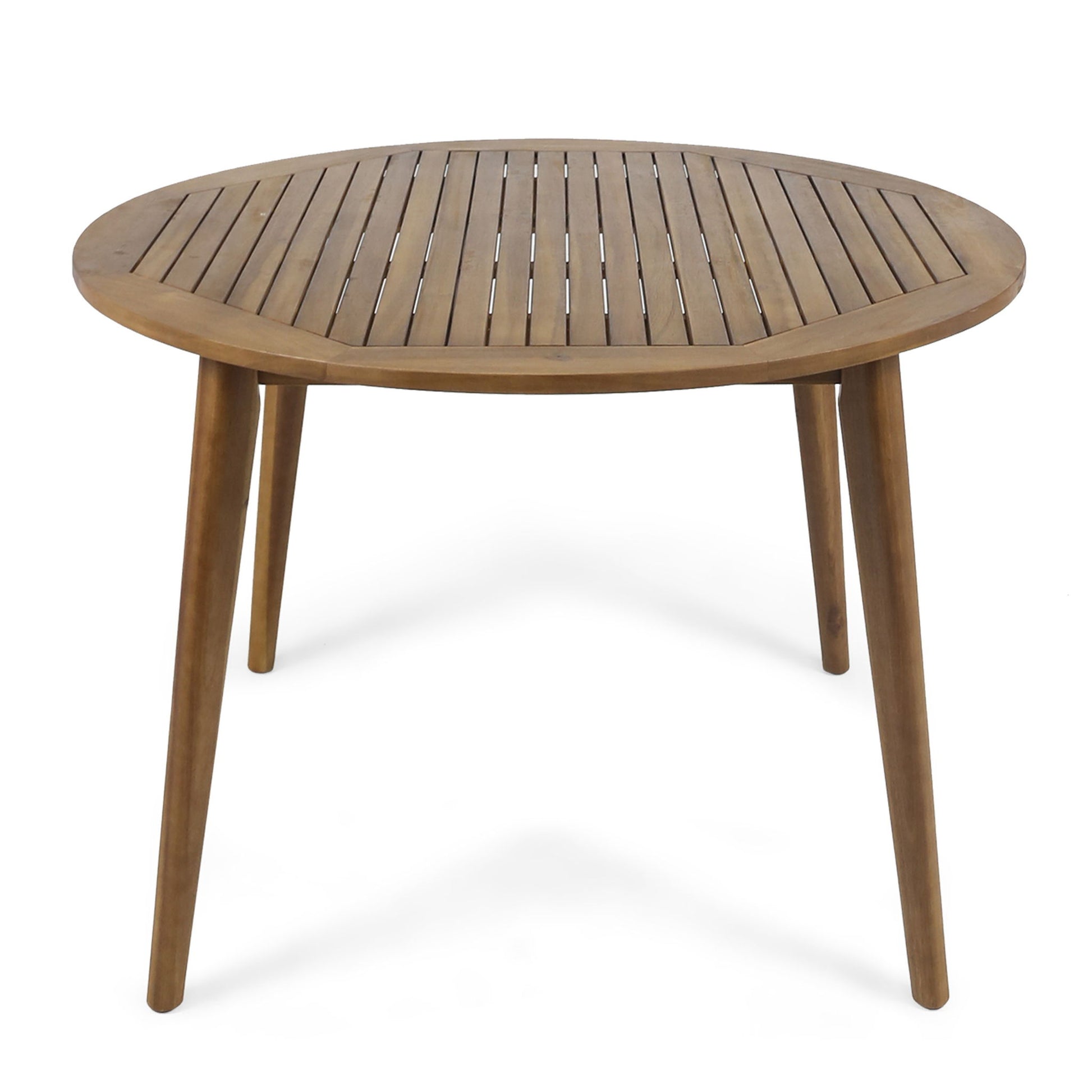 The Stamford Outdoor Dining Table features a modern round wooden design with a slatted top and four angled legs, shown against a plain white background.