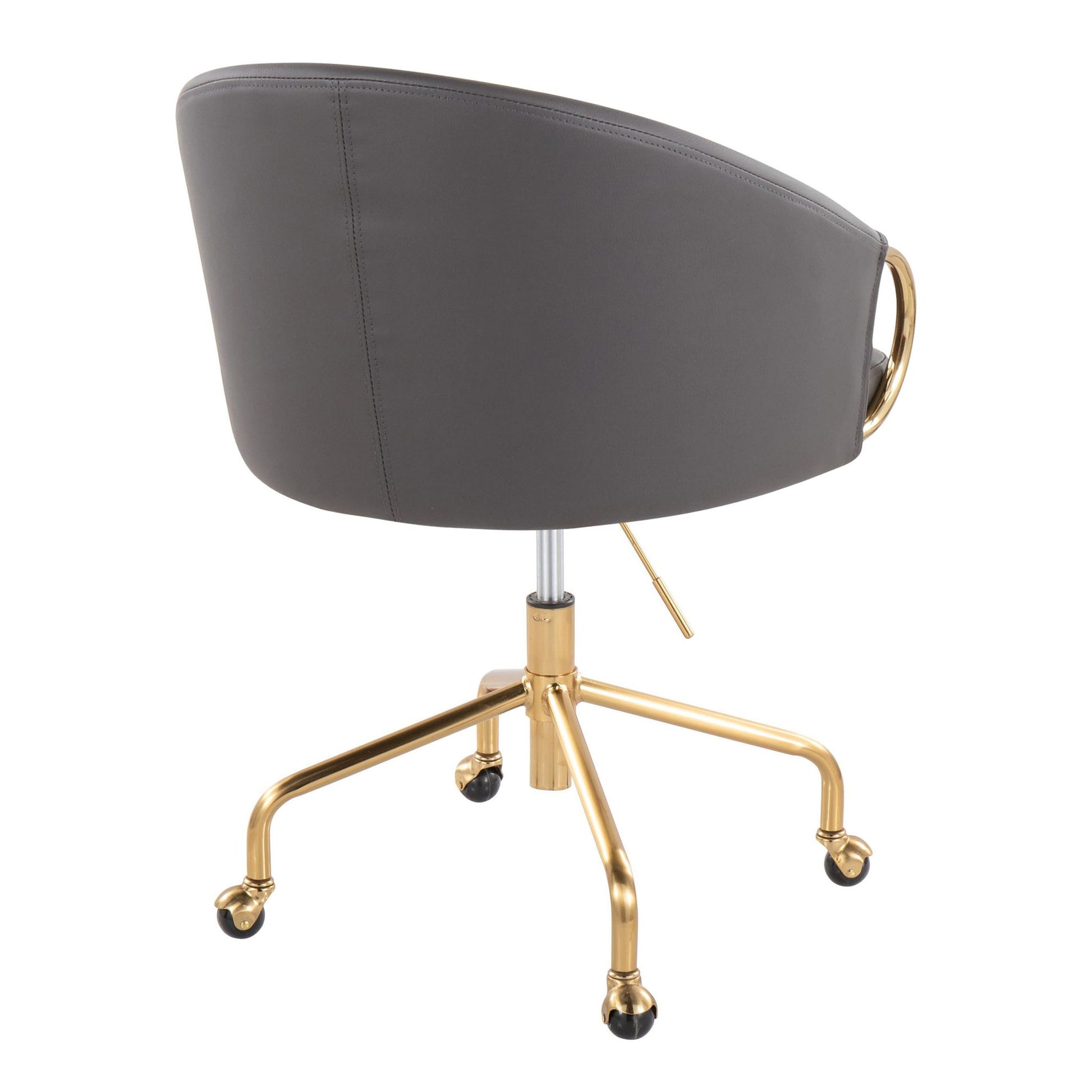 The Claire - Stylish Design Contemporary / Glam Task Chair features a gray cushioned backrest, gold handle on the back, gold metal base with five caster wheels, and an adjustable height lever for a modern office look.