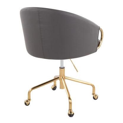 The Claire - Stylish Design Contemporary / Glam Task Chair features a gray cushioned backrest, gold handle on the back, gold metal base with five caster wheels, and an adjustable height lever for a modern office look.
