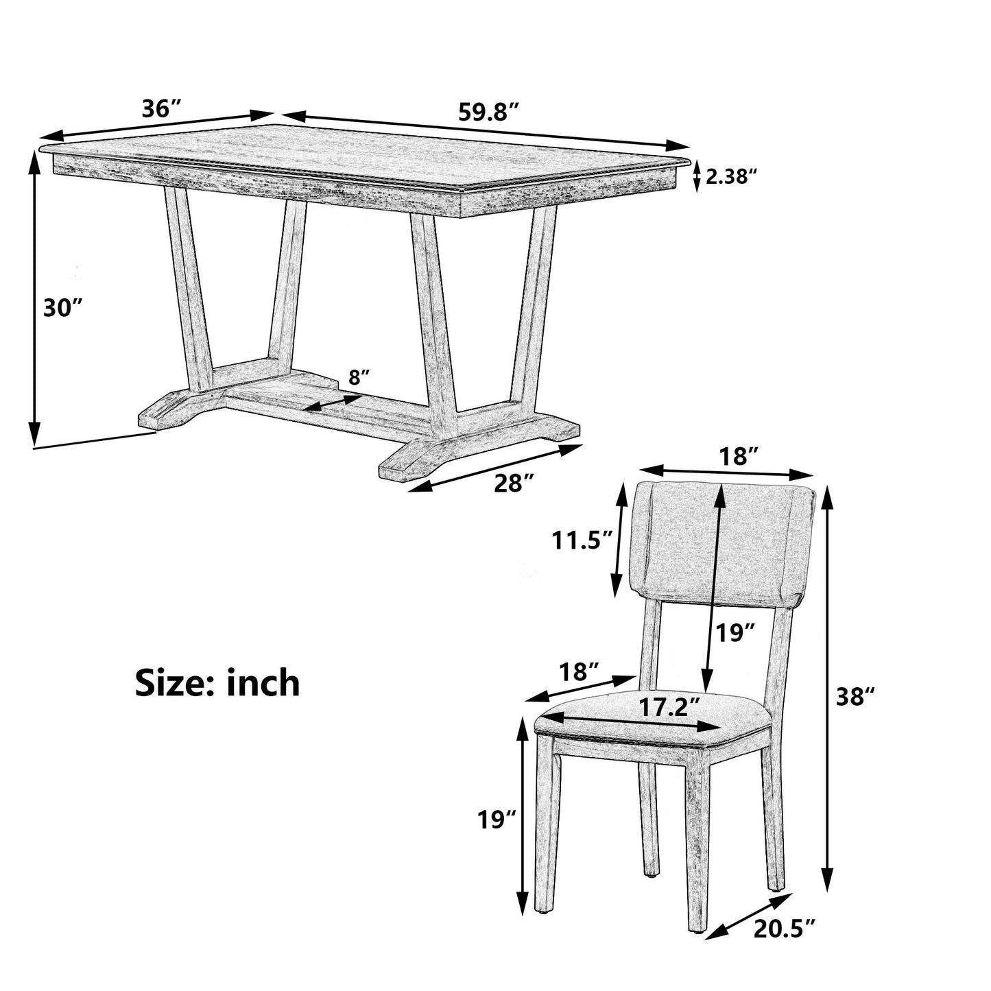 Black and white diagram of the Topmax 5 Piece Rustic Dining Table Set: rectangular table (59.8"L x 36"W x 30"H) with trestle base, and four upholstered chairs (38"H, 18"W, 20.5"D; seat height 19", seat 17.2"W x 18"D, backrest 18"W x 11.5"H).
