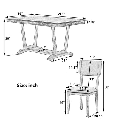 Black and white diagram of the Topmax 5 Piece Rustic Dining Table Set: rectangular table (59.8"L x 36"W x 30"H) with trestle base, and four upholstered chairs (38"H, 18"W, 20.5"D; seat height 19", seat 17.2"W x 18"D, backrest 18"W x 11.5"H).