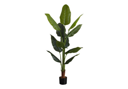 The 59" tall artificial Strelitzia tree features real touch, glossy green leaves in a small black pot, perfect as decorative indoor faux greenery and shown against a white background.