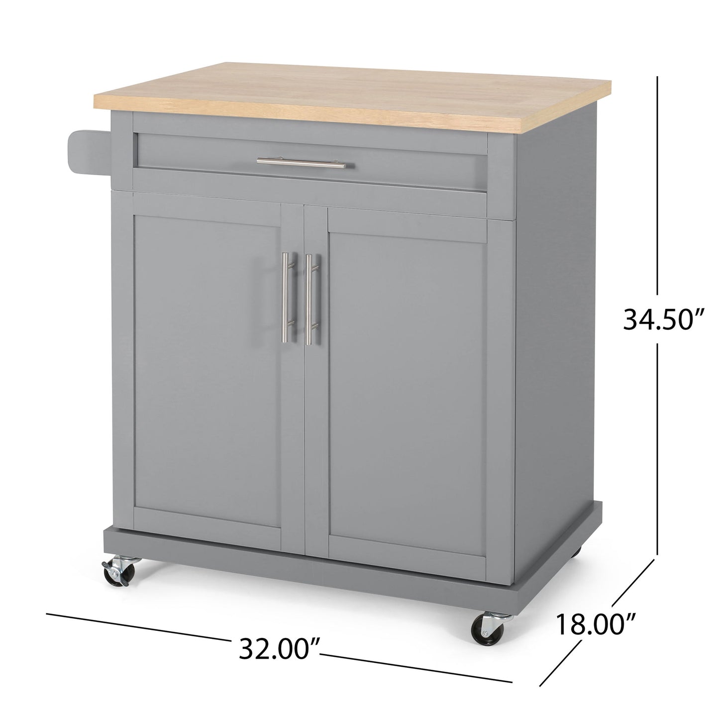 The Negley Contemporary Kitchen Cart in gray features a light wood top, one drawer, two cabinet doors with metal handles, a side towel bar, and four caster wheels. Dimensions: 34.5"H x 32"W x 18"D.