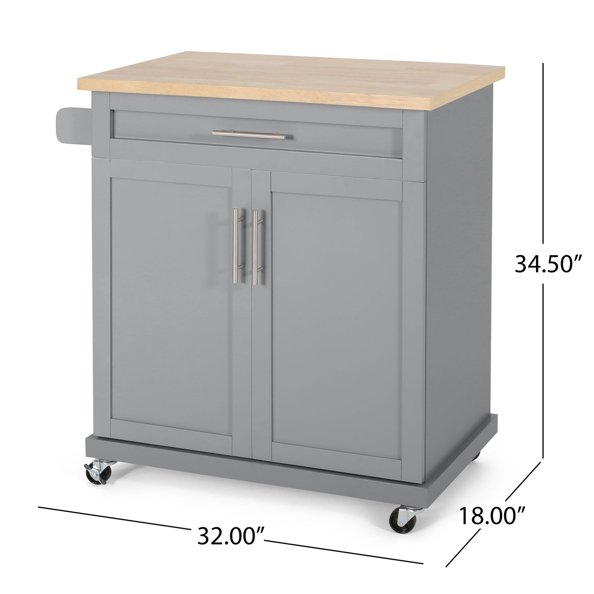 The Negley Contemporary Kitchen Cart in gray features a light wood top, one drawer, two cabinet doors with metal handles, a side towel bar, and four caster wheels. Dimensions: 34.5"H x 32"W x 18"D.