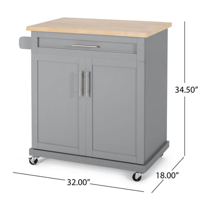 The Negley Contemporary Kitchen Cart in gray features a light wood top, one drawer, two cabinet doors with metal handles, a side towel bar, and four caster wheels. Dimensions: 34.5"H x 32"W x 18"D.