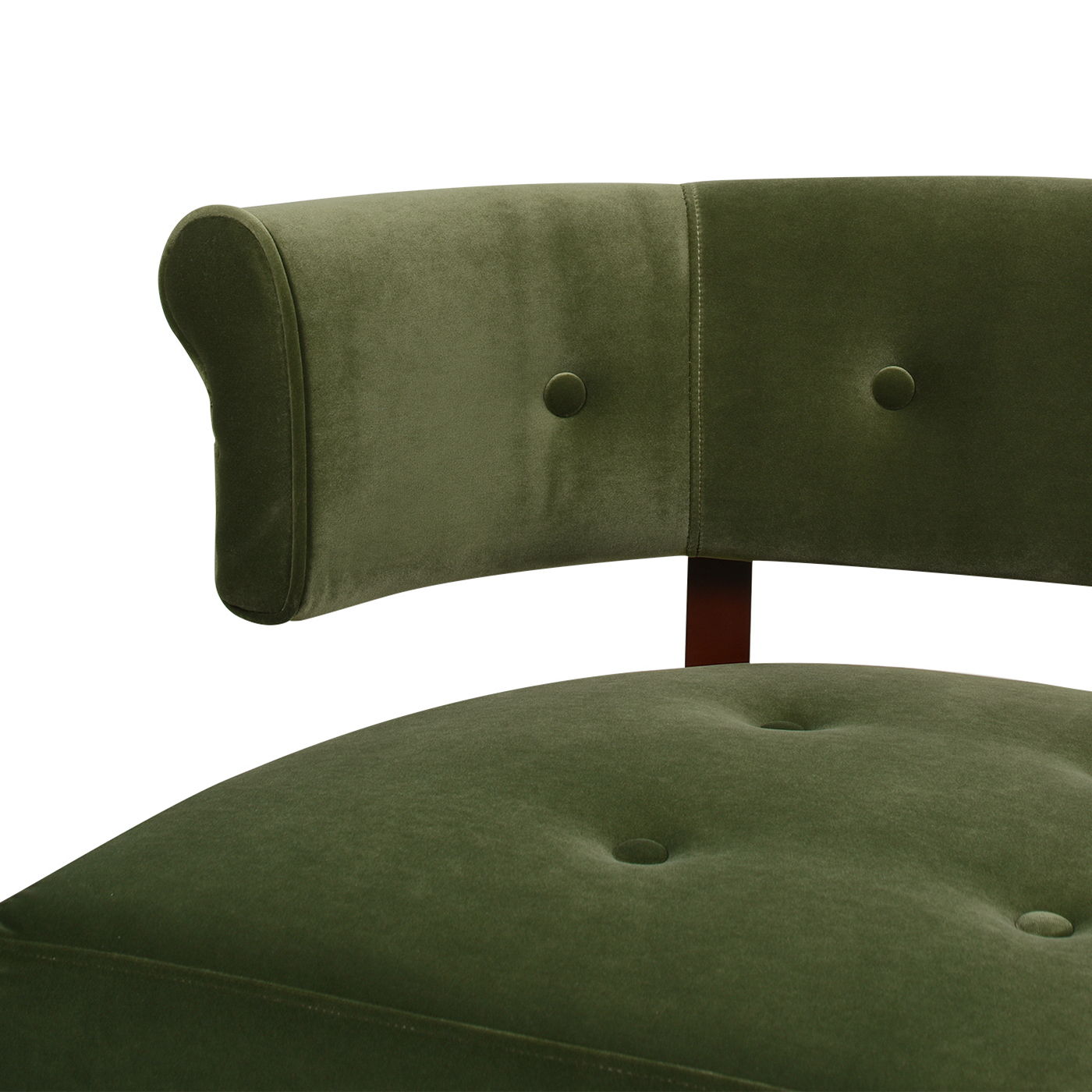 Close-up of the Jared - Versatile Roll Arm Tufted Bench Settee with olive green velvet upholstery, button tufting on the curved backrest and seat, set against a white background.