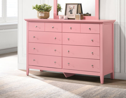 The Elegant Casual Dresser For Any Room features nine drawers with silver knobs and a mirror. In a bright room, it's topped with a basket of greenery, framed photo, and decor accents, making it both stylish and functional.